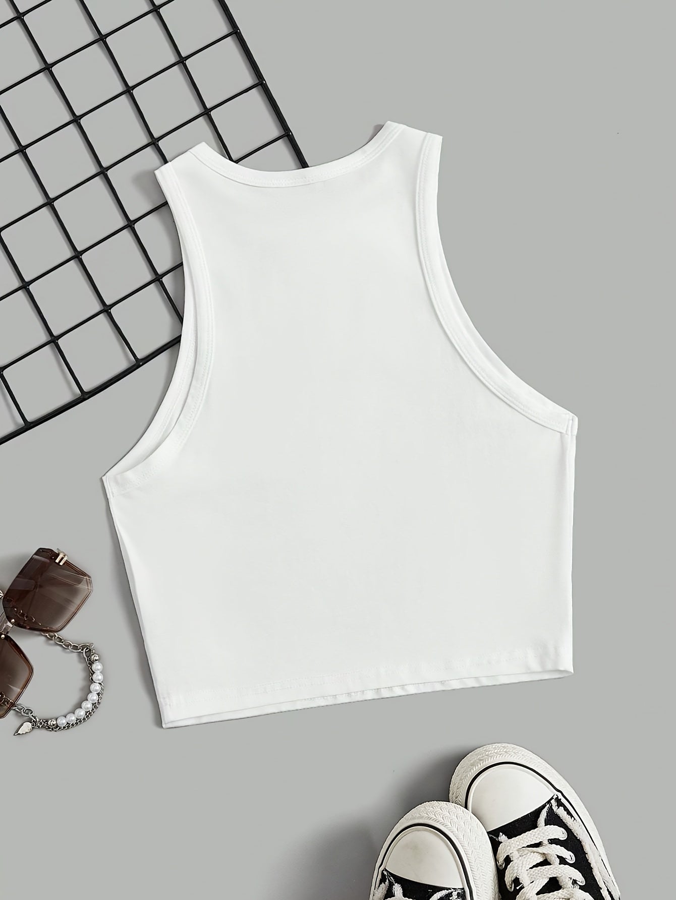 Women's White Cropped Tank Top with Black & White Lip Print - Semi-Sheer Summer Casual Top, Relaxed Fit Round Neck, Machine Washable, Ladies Tank Tops, Playful Lip Design, Semitransparent Material, Everyday Outfit, Breathable